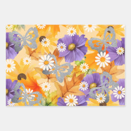 Hoja De Papel De Regalo Mariposa plateada, flores otoñales