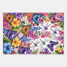 Hoja De Papel De Regalo Mariposa Tropical Vibrante y Floral de Libélula