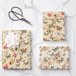 Hoja De Papel De Regalo Mariposa y flores antiguas 3 Ajuste de regalo de h