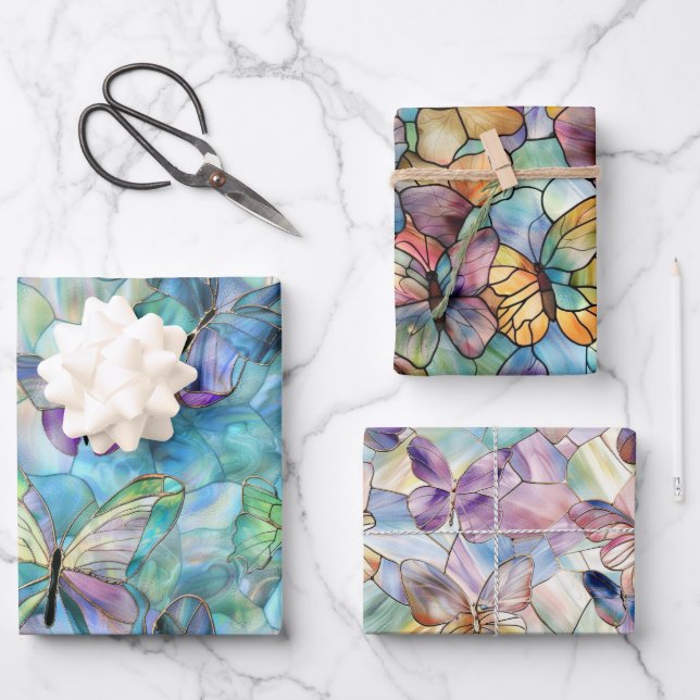 Hoja De Papel De Regalo Mariposas azul turquesa púrpura (Anverso)