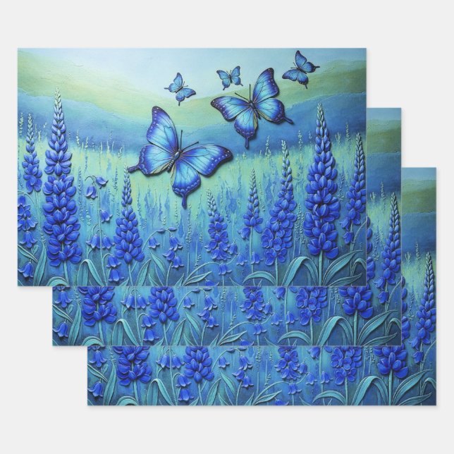 Hoja De Papel De Regalo Mariposas Azules con Flores Azules, (Set)