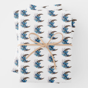 Hoja De Papel De Regalo Mariposas azules sobre la media luna de madera
