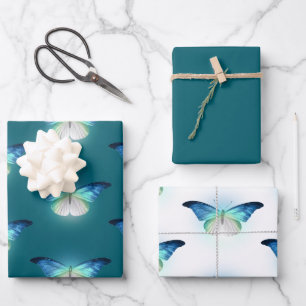Hoja De Papel De Regalo Mariposas blancas azules brillantes Cumpleaños