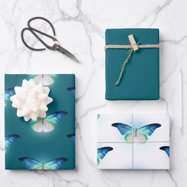 Hoja De Papel De Regalo Mariposas blancas azules brillantes Cumpleaños (Anverso)