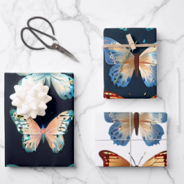 Hoja De Papel De Regalo Mariposas cúrcutas con fondo azul y blanco