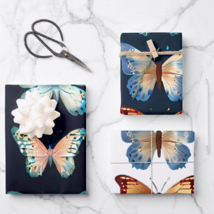 Hoja De Papel De Regalo Mariposas cúrcutas con fondo azul y blanco