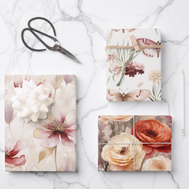 Hoja De Papel De Regalo Mariposas de flores blancas rojas de Borgoña (Anverso)