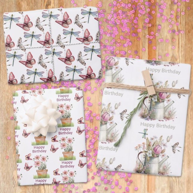 Hoja De Papel De Regalo Mariposas de jardín floral Dragonflies Acuarela (This three sheet gift wrap offers a floral, butterfly and dragonfly design for any occasion.)