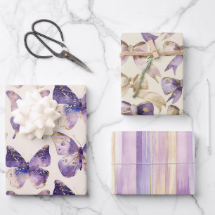 Hoja De Papel De Regalo Mariposas de oro morado doblan rayas cumpleaños