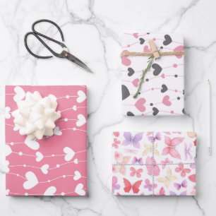 Hoja De Papel De Regalo Mariposas del corazón Gris blanco rosado