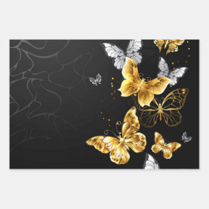 Hoja De Papel De Regalo Mariposas doradas y blancas