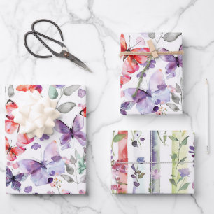 Hoja De Papel De Regalo Mariposas Flores Cumpleaños Rojo Purpura