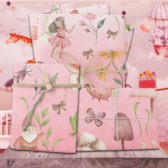 Hoja De Papel De Regalo Mariposas Gnomes & WingFairies Jardín Rosa (Butterflies Gnomes & Winged Fairies Garden Pink Kids Gift Wrapping Paper Sheets Trio)