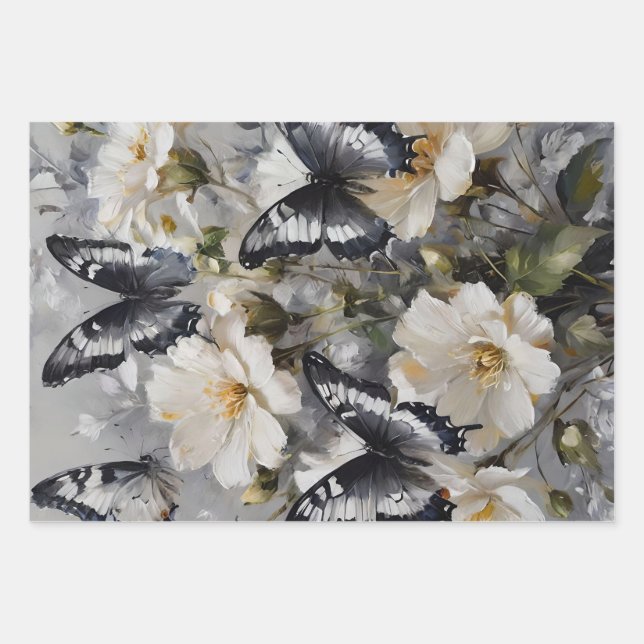 Hoja De Papel De Regalo Mariposas Negras Y Blancas Sobre Flores Blancas, (Anverso)