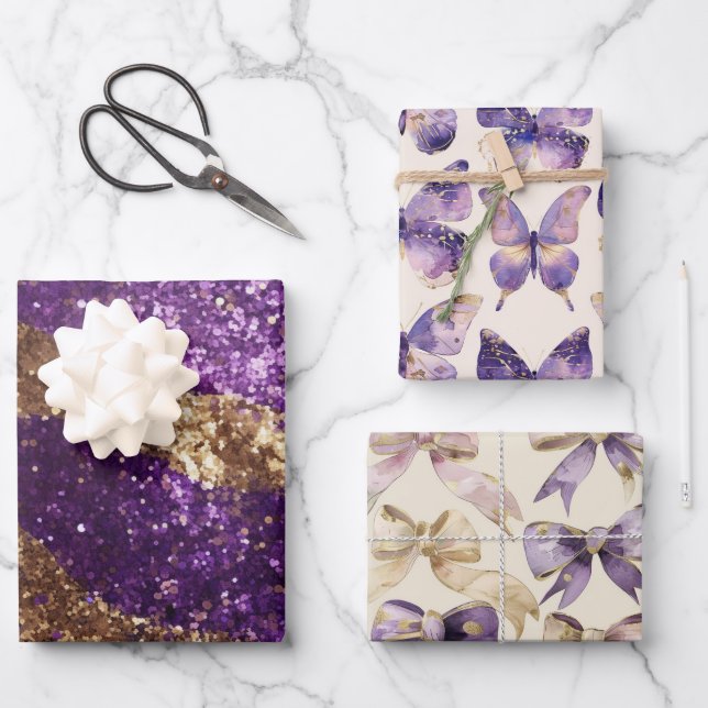 Hoja De Papel De Regalo Mariposas Purpurina de oro morado doblan cumpleaño (Anverso)
