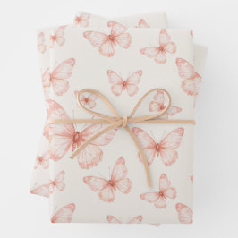 Hoja De Papel De Regalo Mariposas rosas en crema