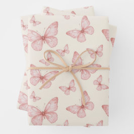 Hoja De Papel De Regalo Mariposas rosas en crema