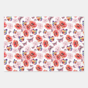 Hoja De Papel De Regalo Mariposas y flores de amapola