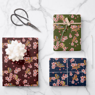 Hoja De Papel De Regalo Mariposas y flores de cerezo Marooon azul y verde