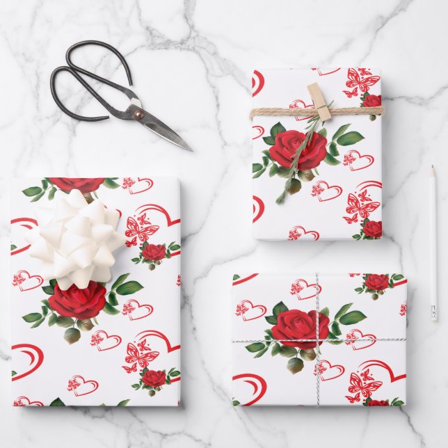 Hoja De Papel De Regalo Mariposas y flores del corazón (Anverso)