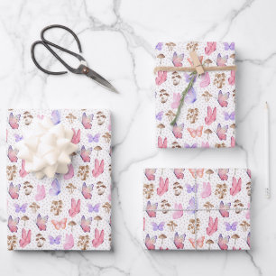 Hoja De Papel De Regalo Mariposas y hongos en blanco