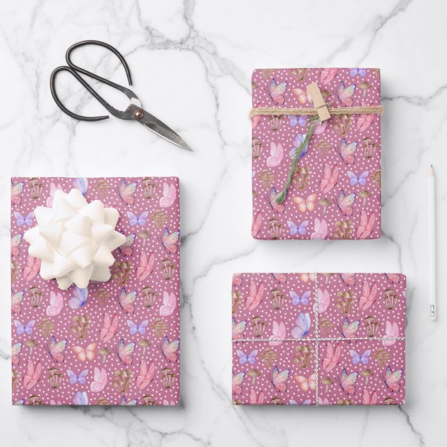 Hoja De Papel De Regalo Mariposas y hongos en rosa purpés (Anverso)