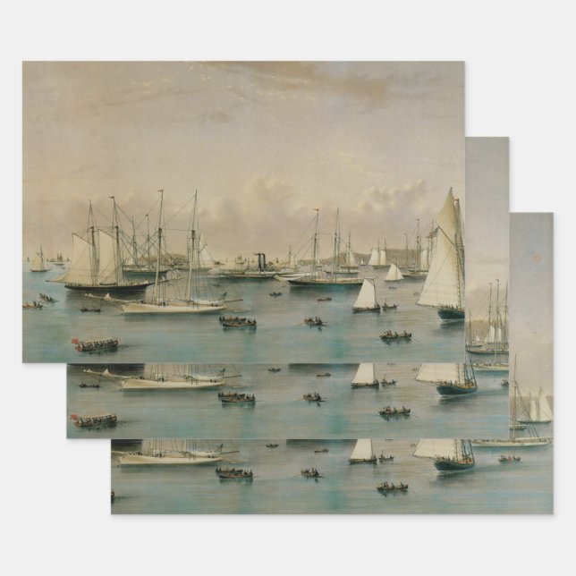 Hoja De Papel De Regalo Marítimo de época, escuadrón de yates en el puerto (Set)