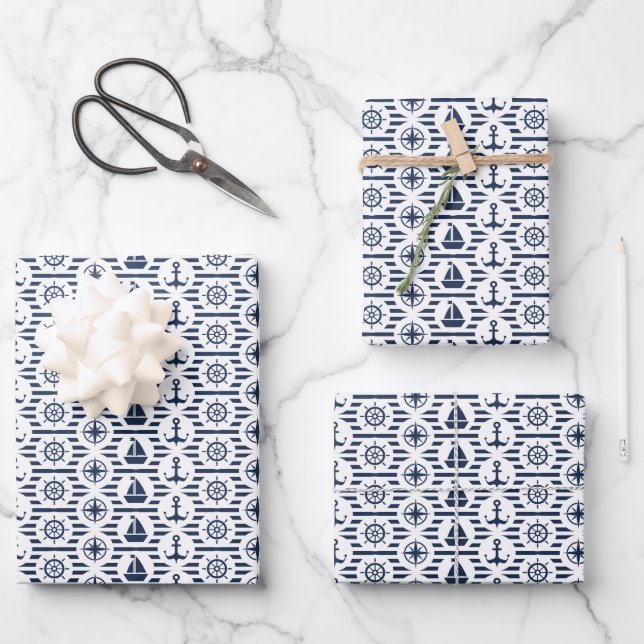 Hoja De Papel De Regalo Marítimo En Patrón Azul (Anverso)