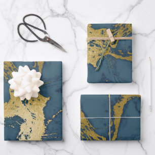 Hoja De Papel De Regalo Mármol azul y dorado 