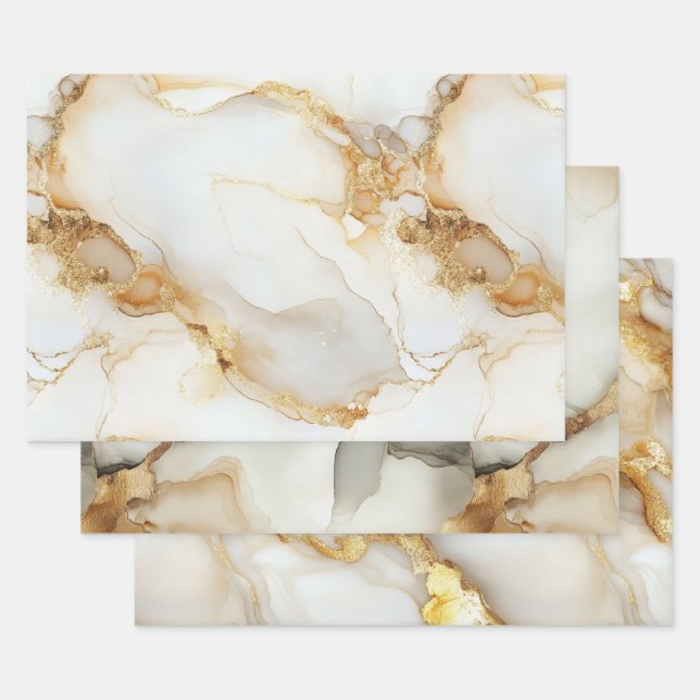 Hoja De Papel De Regalo Mármol Blanco Dorado Acuarela Cumpleaños Él Ella (Set)