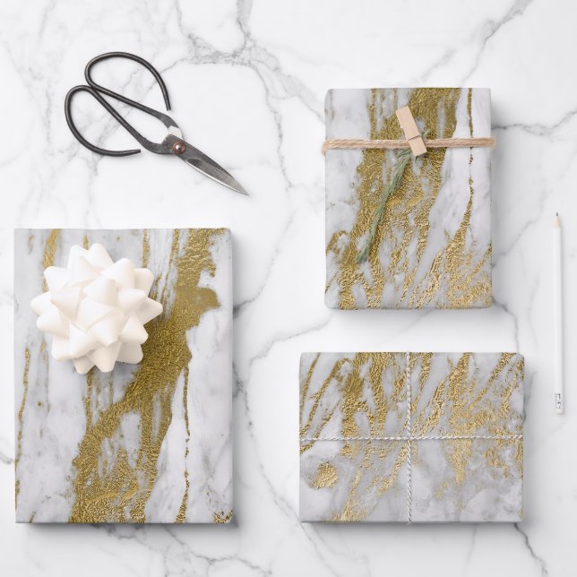 Hoja De Papel De Regalo Mármol blanco y dorado (Anverso)