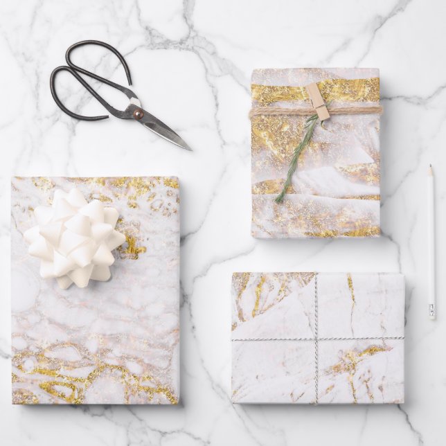 Hoja De Papel De Regalo Mármol blanco y dorado (Anverso)