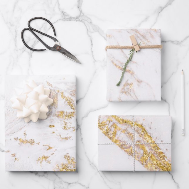 Hoja De Papel De Regalo Mármol blanco y oro (Anverso)