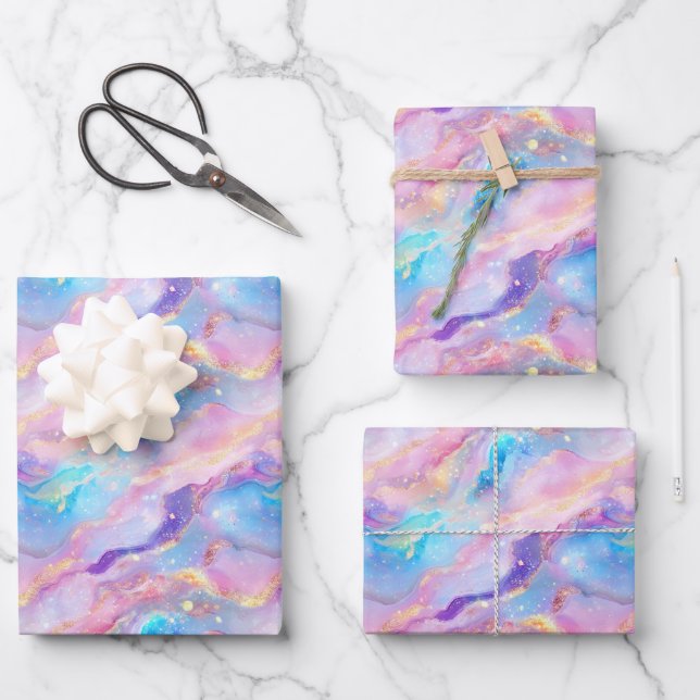 Hoja De Papel De Regalo Mármol de Arcoíris de Pastel con Brillo Dorado (Anverso)