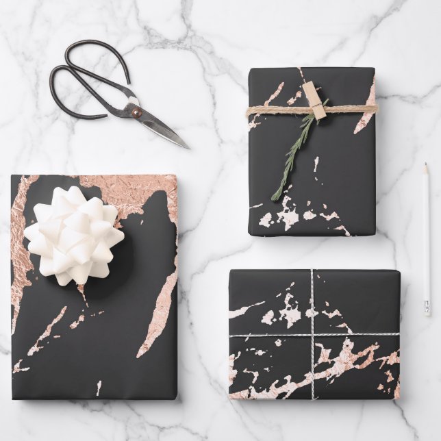 Hoja De Papel De Regalo Mármol de oro negro y Rosa (Anverso)