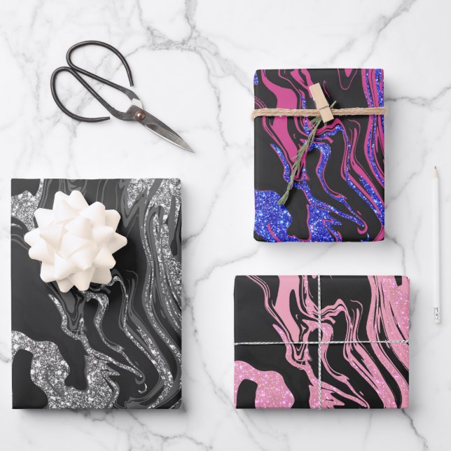 Hoja De Papel De Regalo Mármol Purpurina gris negro moderno (Anverso)