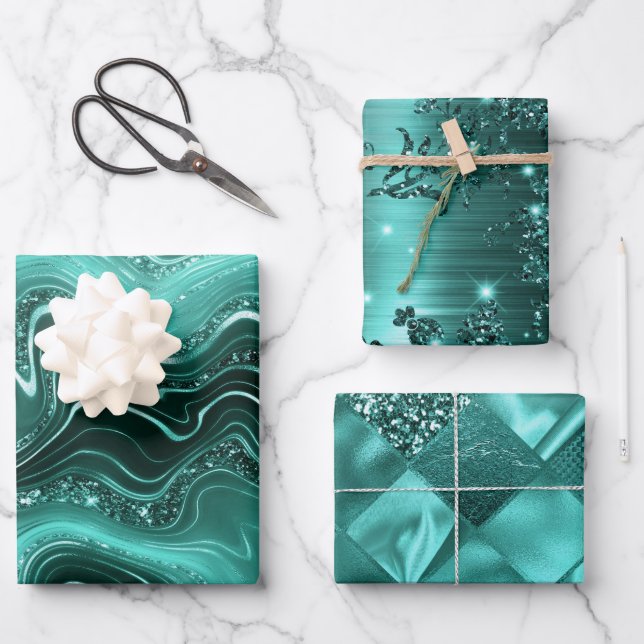 Hoja De Papel De Regalo Mármol Verde azulado y elegante, diamantes y flore (Anverso)