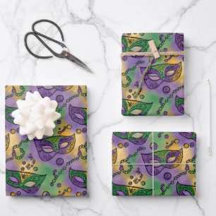 Hoja De Papel De Regalo Máscaras y Cuentas de Mardi Gras Morado Verde Amar