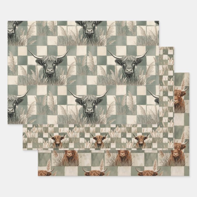 Hoja De Papel De Regalo Masculine Grey Blue Checkered Highland Cow (Set)