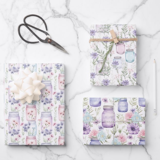 Hoja De Papel De Regalo Mason Jars Purple Pink Florals Greeneration (Anverso)