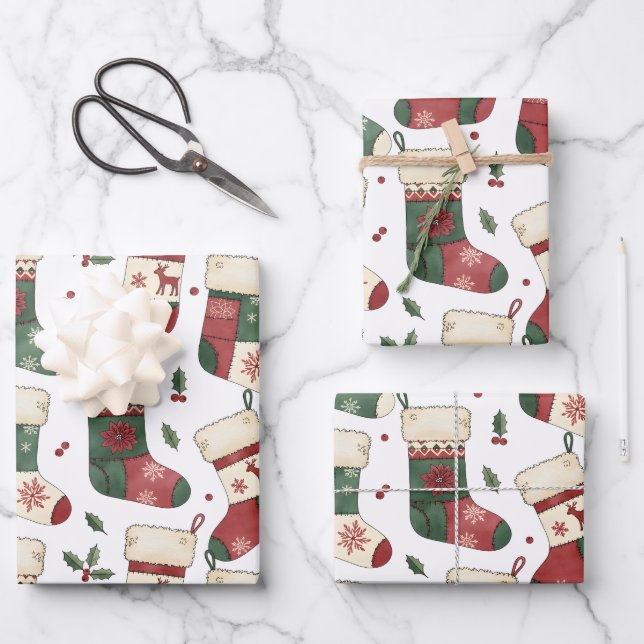 Hoja De Papel De Regalo Medias de Navidad de Patchwork Rojo Verde Blanco (Anverso)