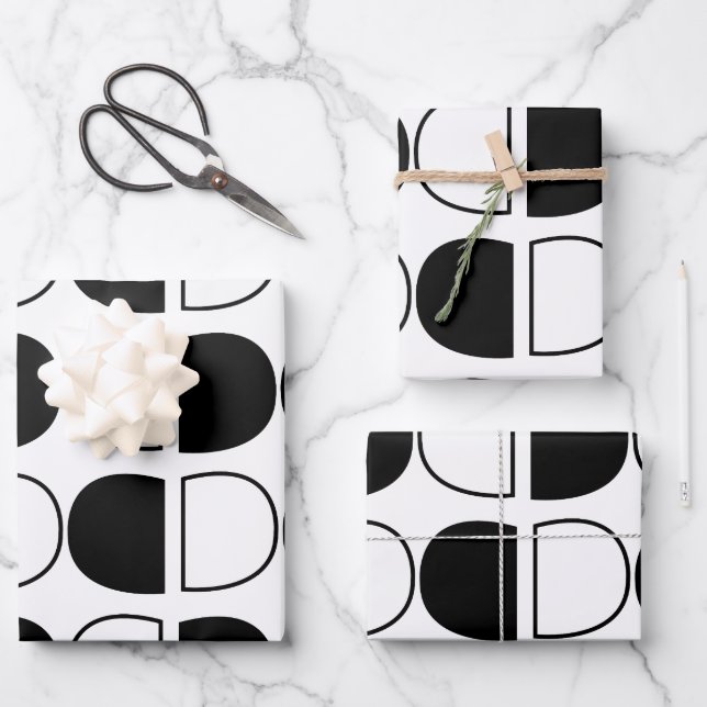 Hoja De Papel De Regalo Medio Círculo Geométrico Negro y Blanco (Anverso)