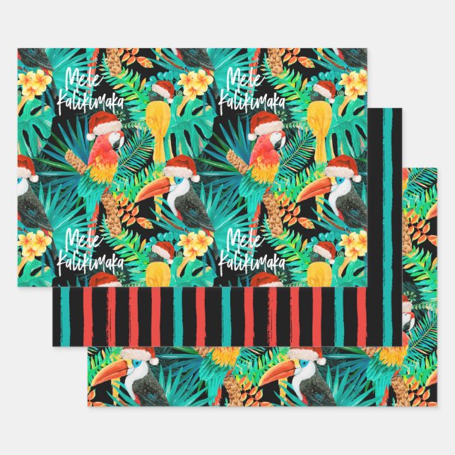 Hoja De Papel De Regalo Mele Kalikimaka Aves y rayas tropicales de la selv (Set)