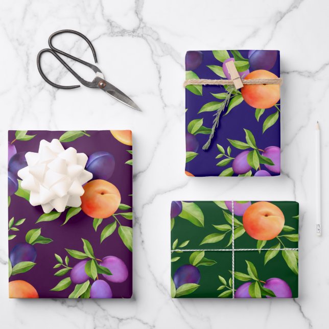 Hoja De Papel De Regalo Melocotones Ciruelas Púrpura Fruta Botánica (Anverso)