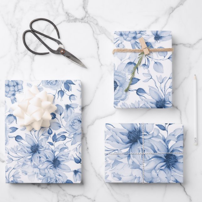 Hoja De Papel De Regalo Melodía azul y blanco y acuarela de flores (Anverso)