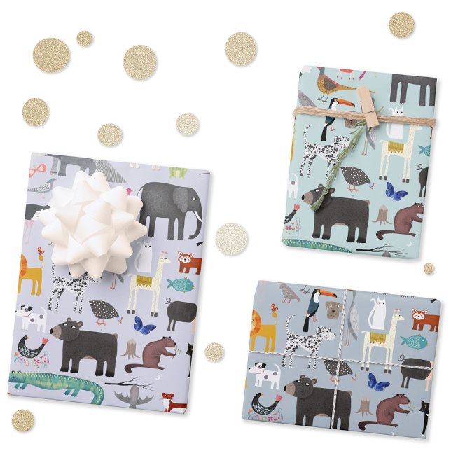 Hoja De Papel De Regalo Menagerie animal (Fun animal menagerie with wild, safari, zoo and pet animals and birds pattern wrapping paper sheets)