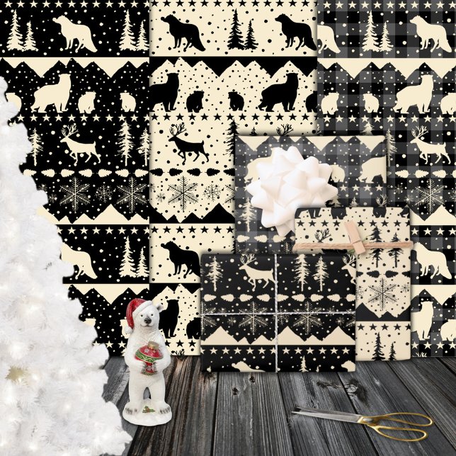 Hoja De Papel De Regalo Menor nórdico Beige Masculino negro de invierno (Nordic Sweater Beige Black Plaid Winter Animals Wrapping Paper Sheets)