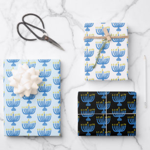 Hoja De Papel De Regalo Menorá Botánica de Janucá Acuarela Azul