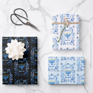 Hoja De Papel De Regalo Menorá Botánica de Janucá en Acuarela Feliz