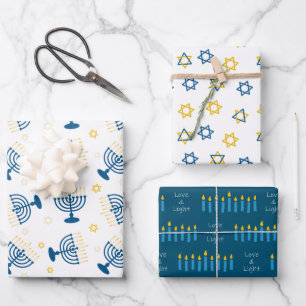 Hoja De Papel De Regalo Menorá de Hanukkah azul y dorado con patrón de Est